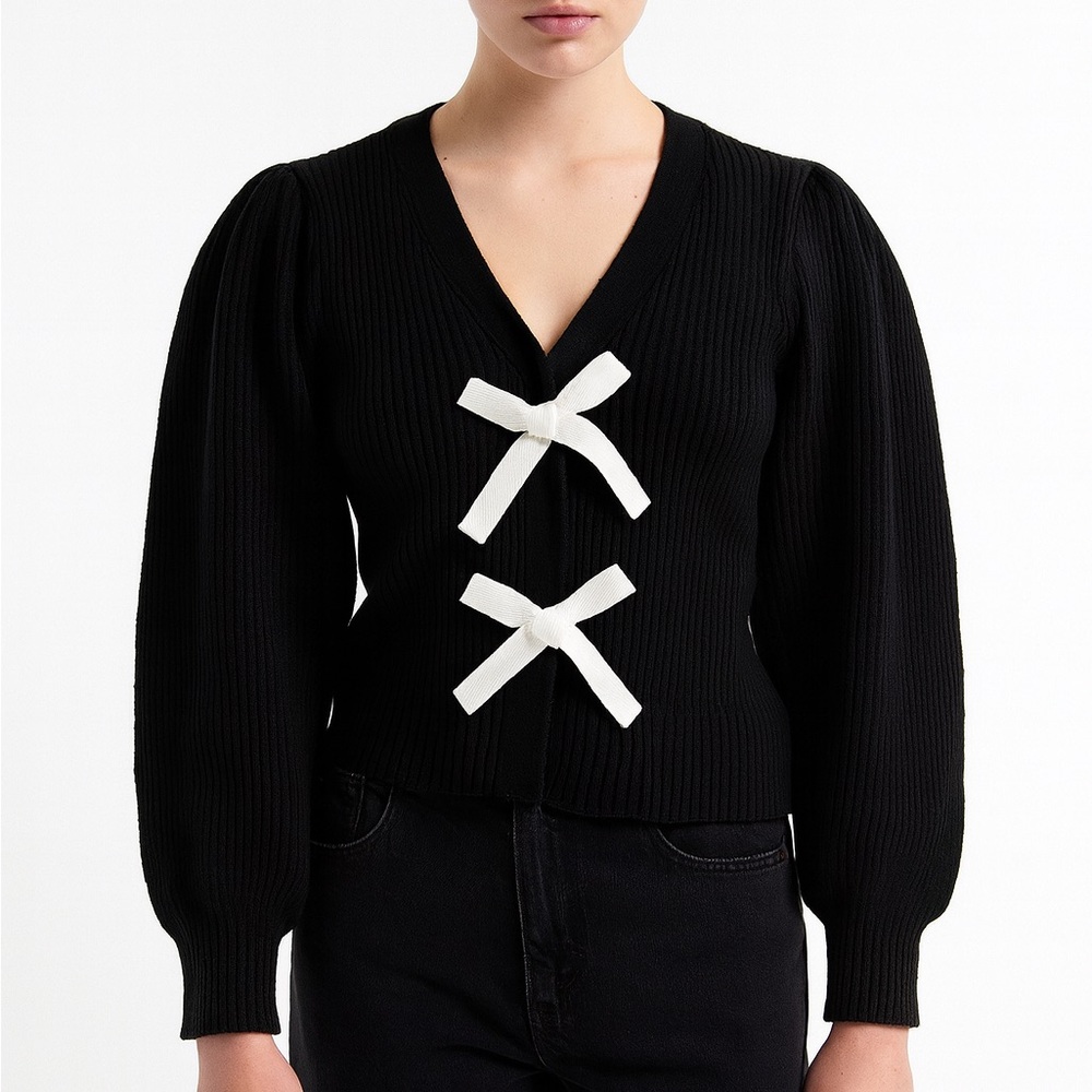 Black Cardigan with White Bow Accents L